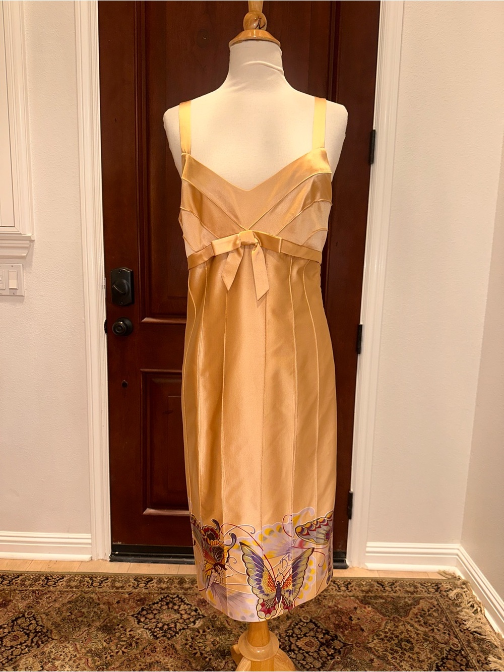 Betsey Johnson Gold Satin Midi Dress with Butterfly Hem